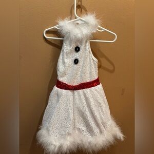 Christmas Sequences Snowman costume dress with a red sash and feather trim 2T